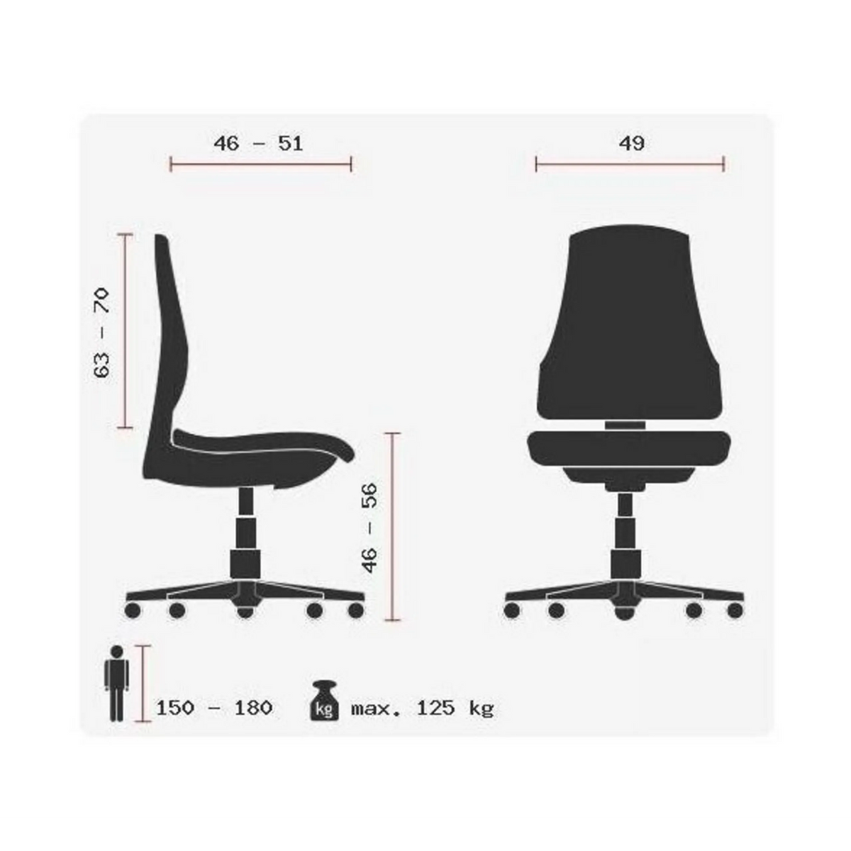 Technische Zeichnung des High-End-Bürostuhls ZERO 15 mit einer maximalen Belastung von 125 kg von Sitwell Steifensand