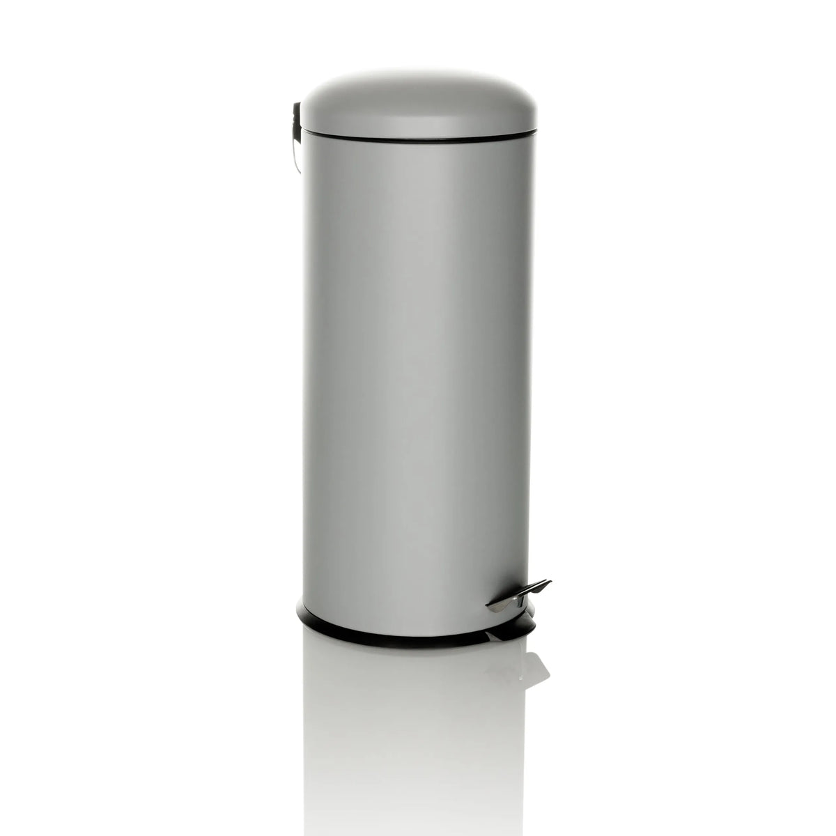 Grauer Mülleimer CLEAN VIII mit Deckel und Trittpedal von hjh OFFICE – 360-Grad-Ansicht (schräge Frontansicht 45°)