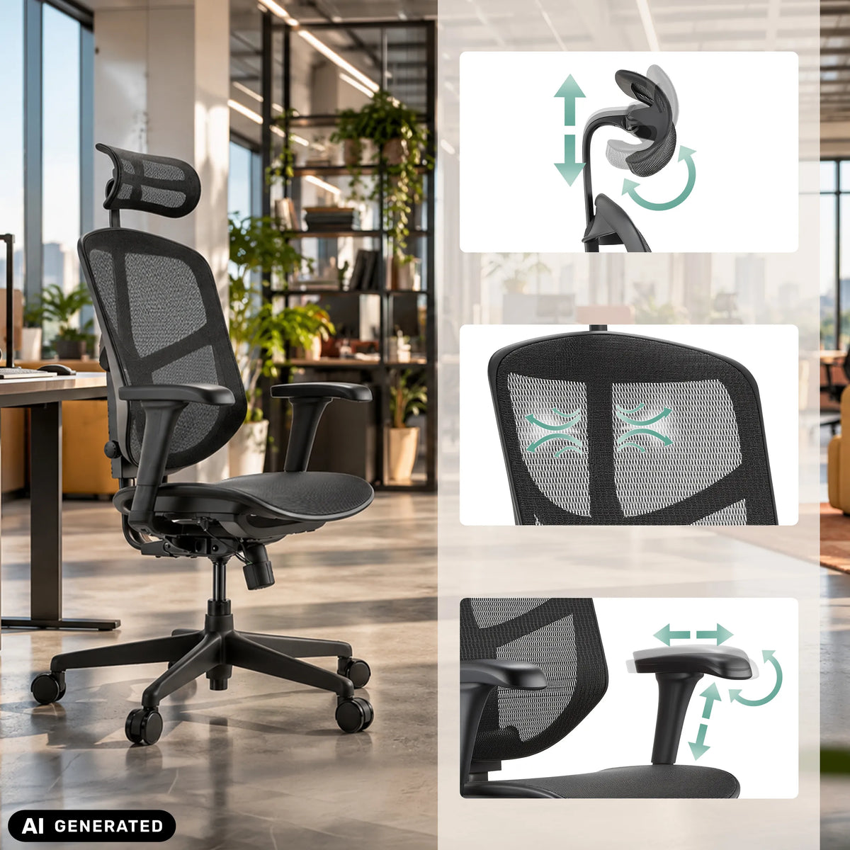 Profi-Bürostuhl Enjoy Eco MB mit verstellbarer Kopfstütze, Rückenlehne und Armlehnen von hjh OFFICE (KI-generiertes Bild)
