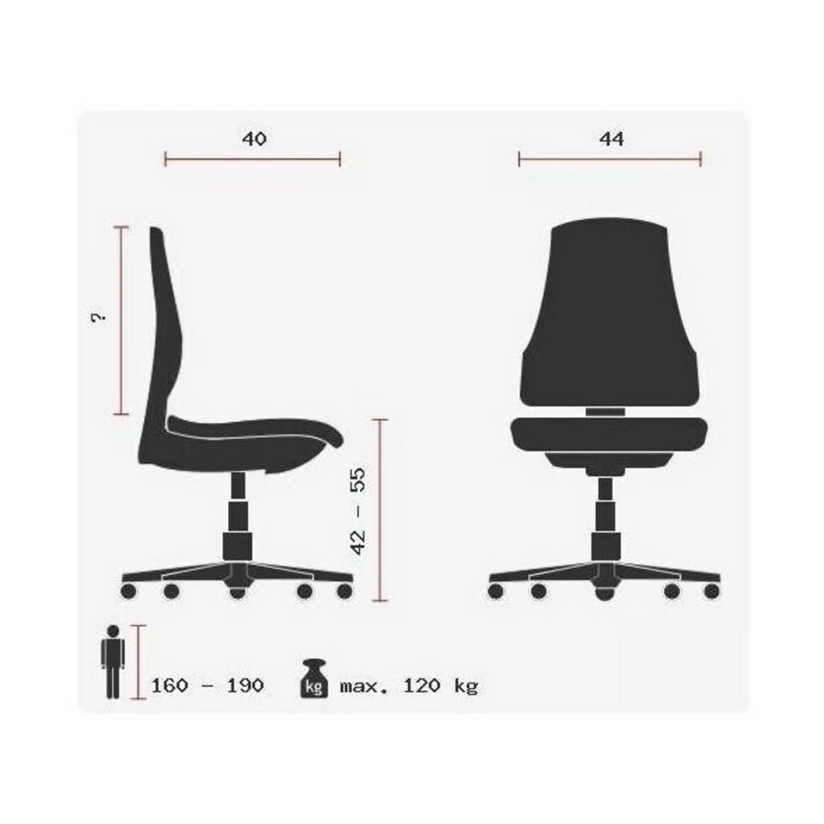 Technische Zeichnung des Drehhockers BALANCE 20 mit einer Sitzhöhe von 42–55 cm von Topstar