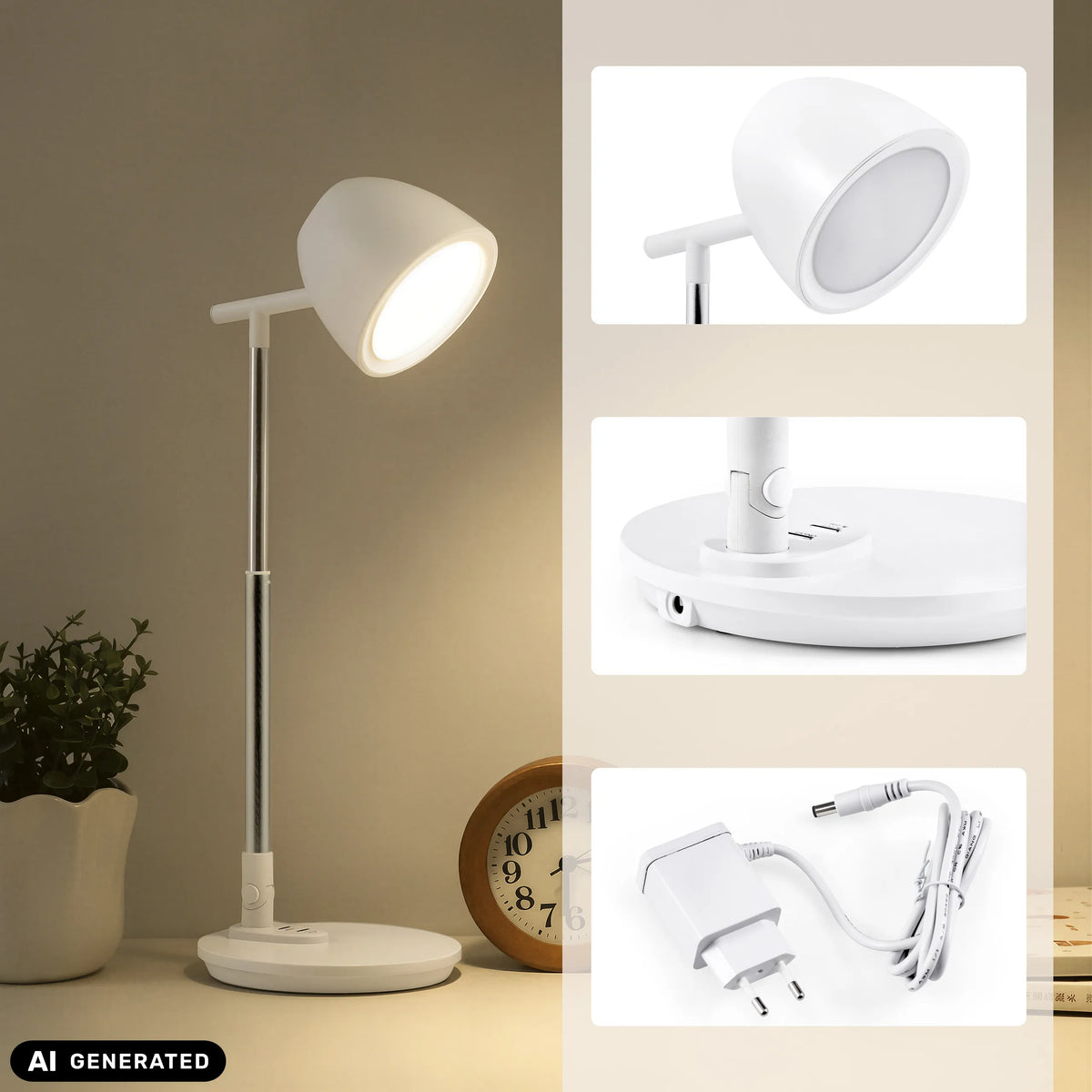 Weiße Schreibtischlampe Lumanova D3 mit Netzteil und Detailansichten von hjh OFFICE (KI-generiertes Bild)