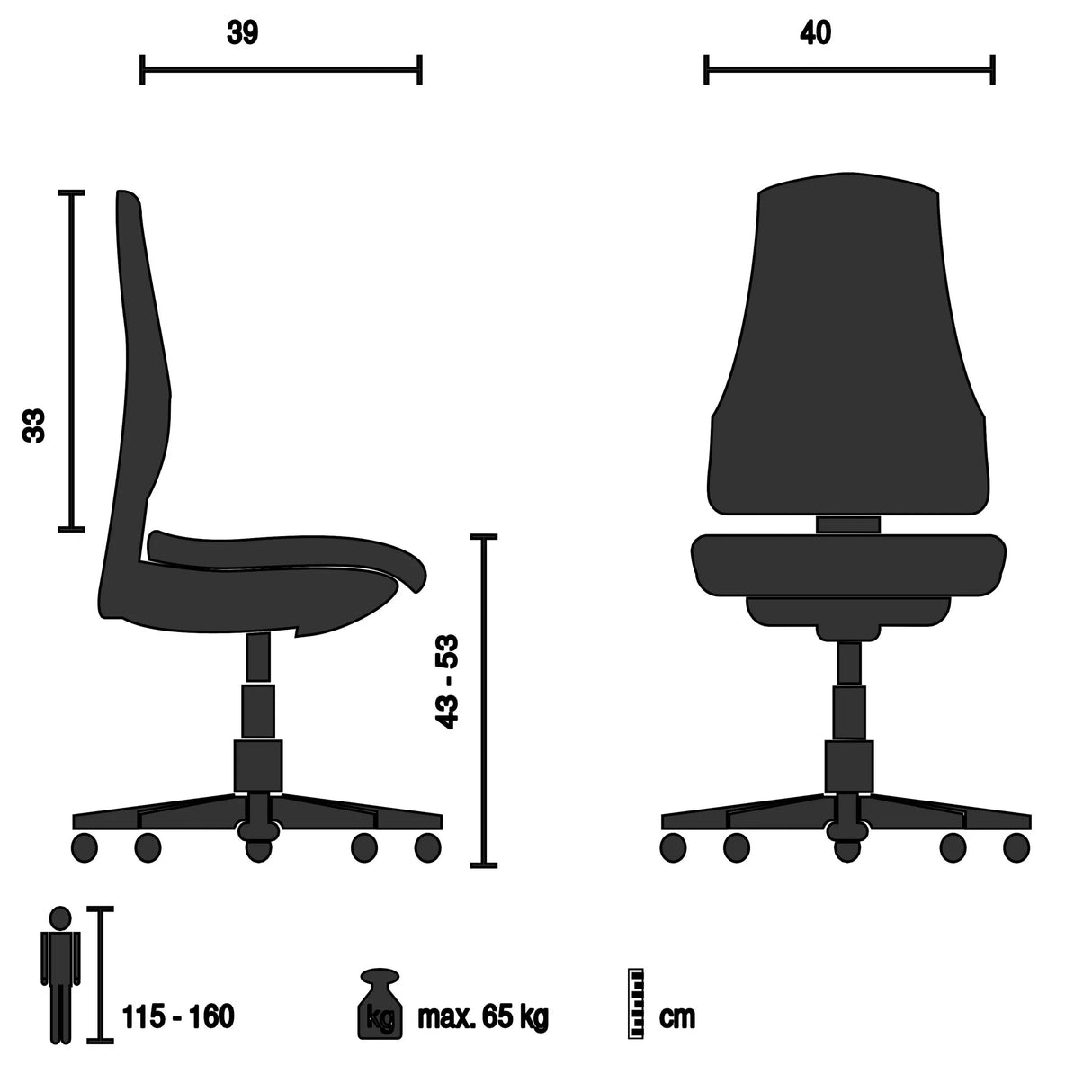 Technische Zeichnung des Kinderdrehstuhls KID QB mit einer Breite von 40 cm von hjh OFFICE