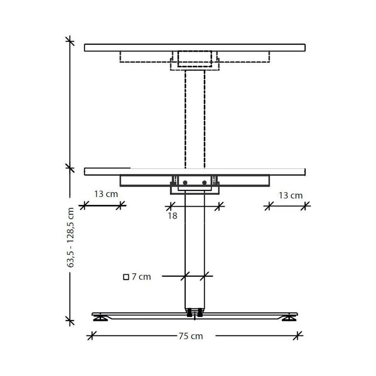 Maßzeichnung des höhenverstellbaren Schreibtischs XDSM 82 G mit einer Höhe von 63,5 bis 128,5 cm von hjh OFFICE PRO