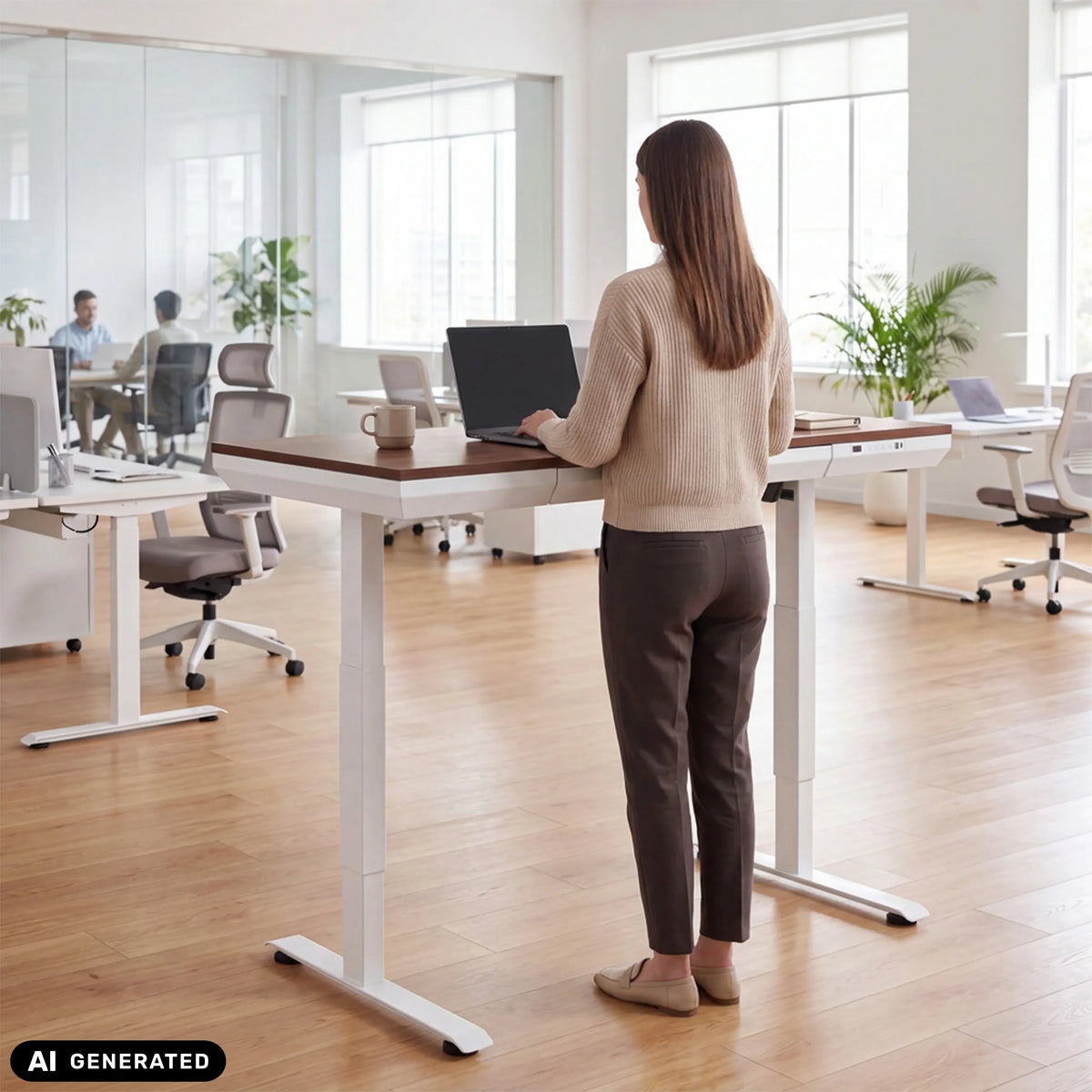 Elektrisch höhenverstellbarer Schreibtisch Worktime Plus in Walnuss und Weiß von hjh OFFICE (KI-generiertes Bild)