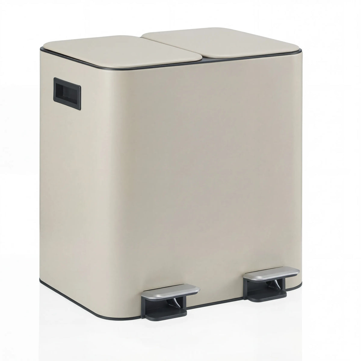 Beiger Mülleimer Clean 10 mit zwei getrennten Fächern und zwei Trittpedalen von hjh OFFICE – 360-Grad-Ansicht (schräge Frontansicht 30°)
