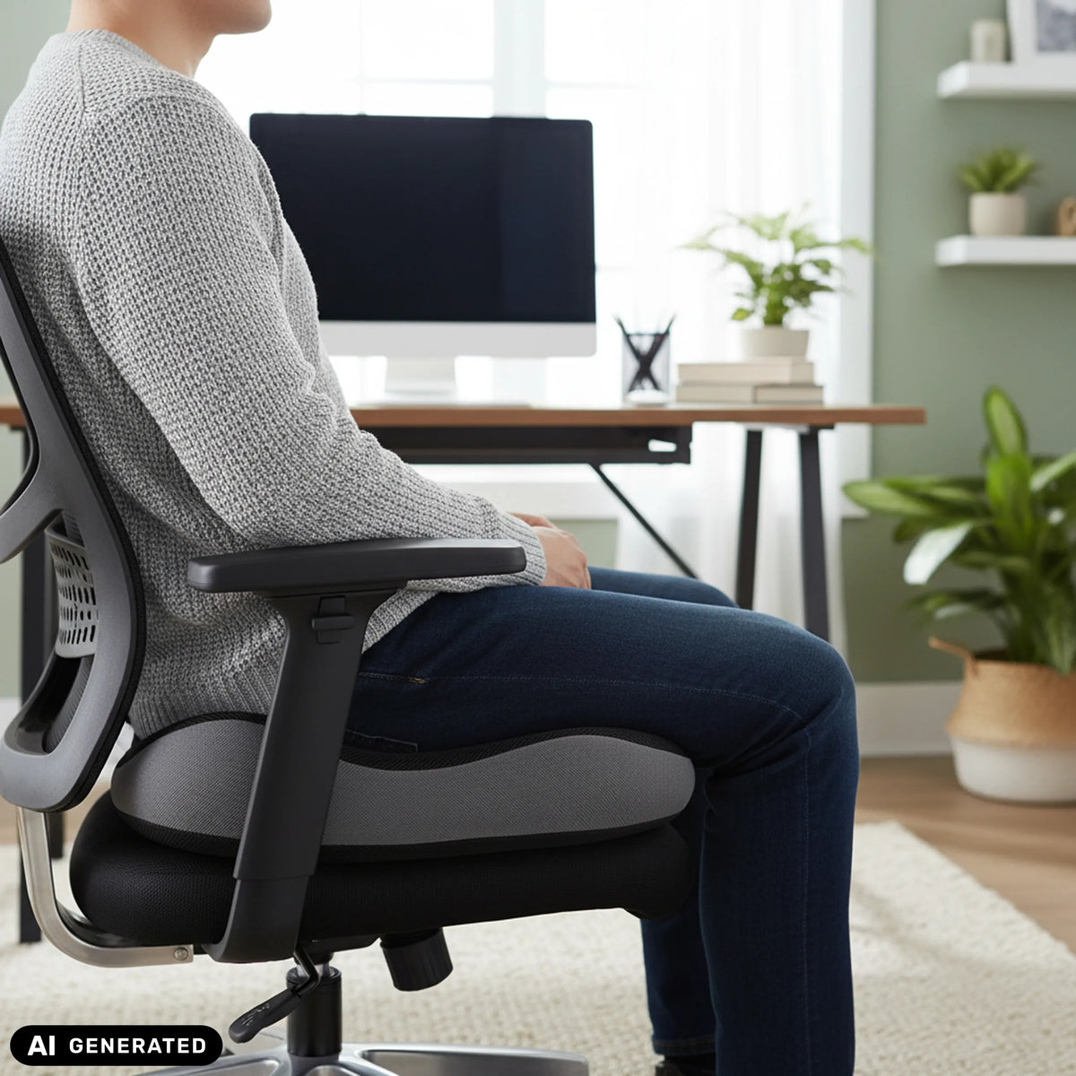 Schwarzes Sitzkissen MEDISIT VI auf einem Bürostuhl von hjh OFFICE (KI-generiertes Bild)