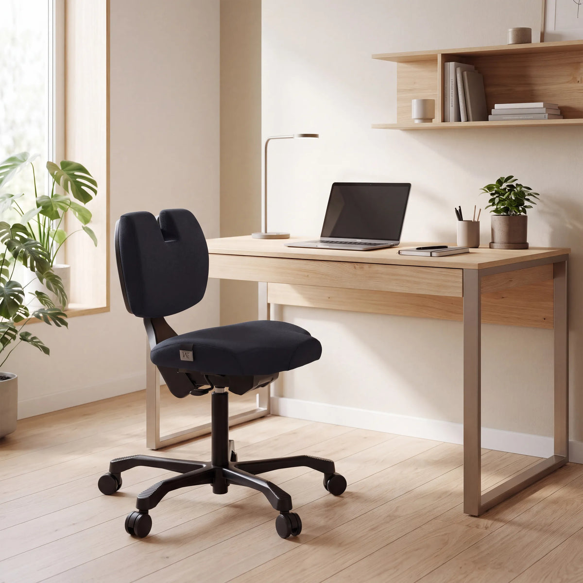 Kniehocker EvoShift in Schwarz an einem hellen Holzschreibtisch von hjh OFFICE