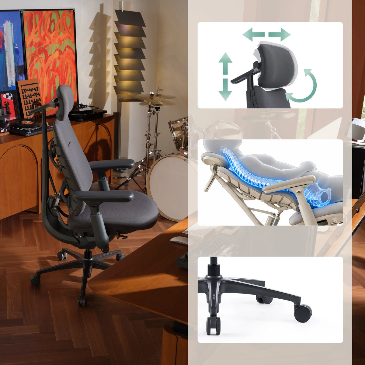 Bürostuhl LiberNovo Maxis Airflow in Graphit mit verstellbarer Kopfstütze und Fußkreuz mit Rollen von Libernovo