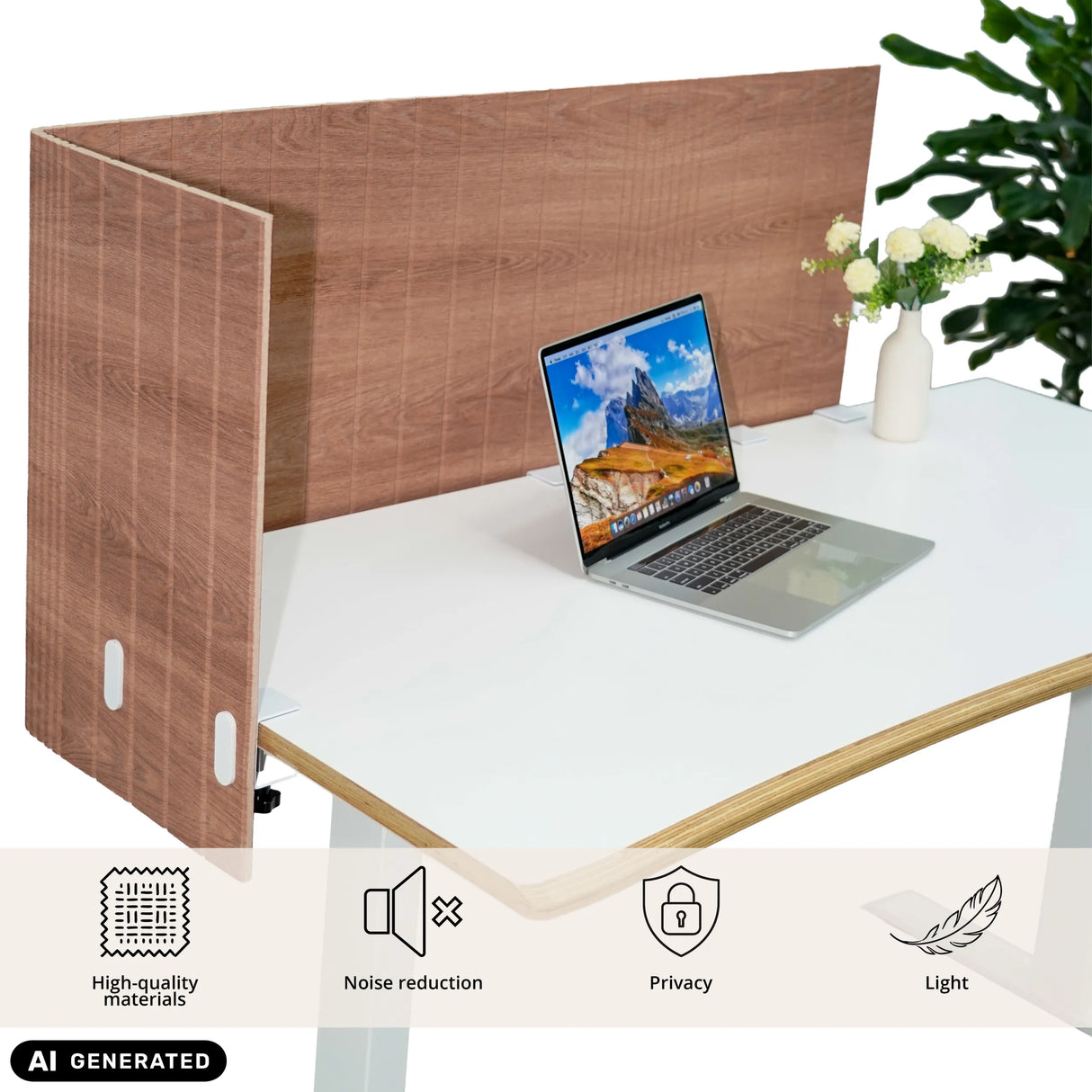 Braune Tischtrennwand FLEXMIUT ROLL W mit L-Form auf einem weißen Schreibtisch von hjh OFFICE