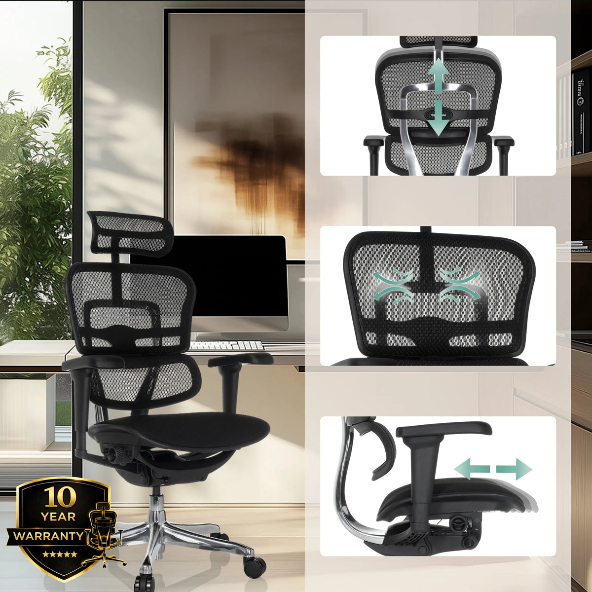 Luxus-Chefsessel ERGOHUMAN ULTRA F GEN2 mit verstellbarer Kopfstütze, Lendenwirbelstütze und Armlehnen von hjh OFFICE