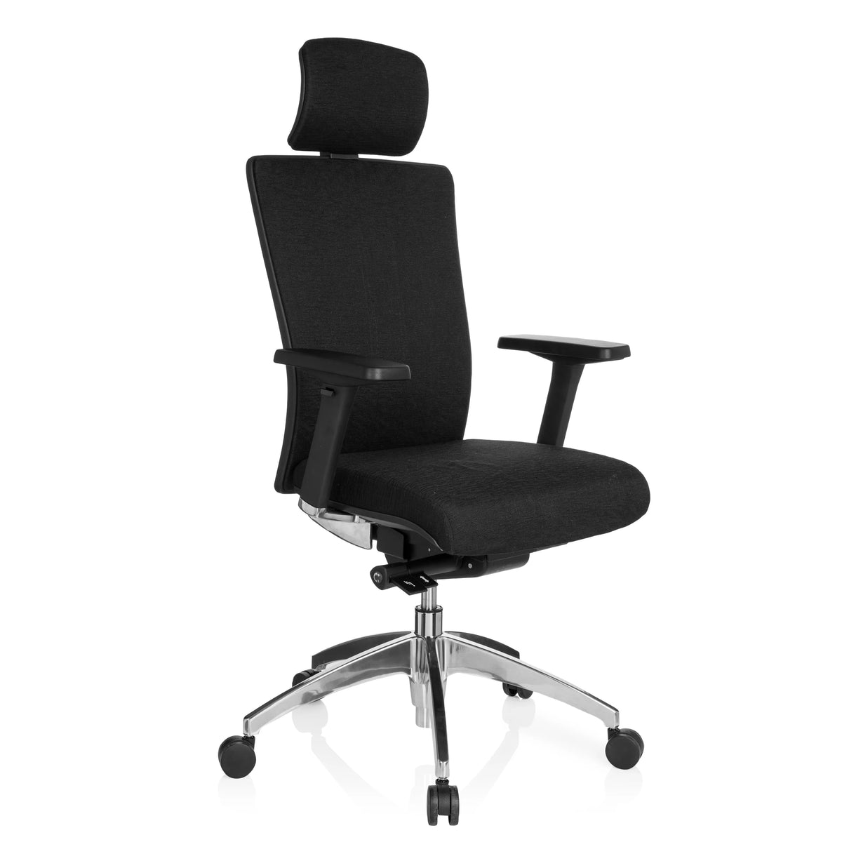 Schwarzer Profi-Bürostuhl ASTRA LUX mit Kopfstütze, Armlehnen und Fußkreuz mit fünf Rollen von hjh OFFICE – 360-Grad-Ansicht (schräge Frontansicht 40°)
