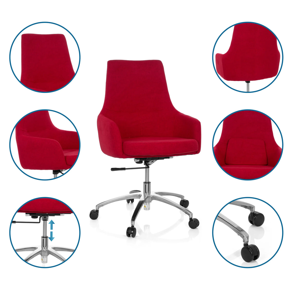 Roter Homeoffice-Bürostuhl SHAKE 100 mit Detailansichten von Polsterung, Gasfeder und Doppelrollen von hjh OFFICE