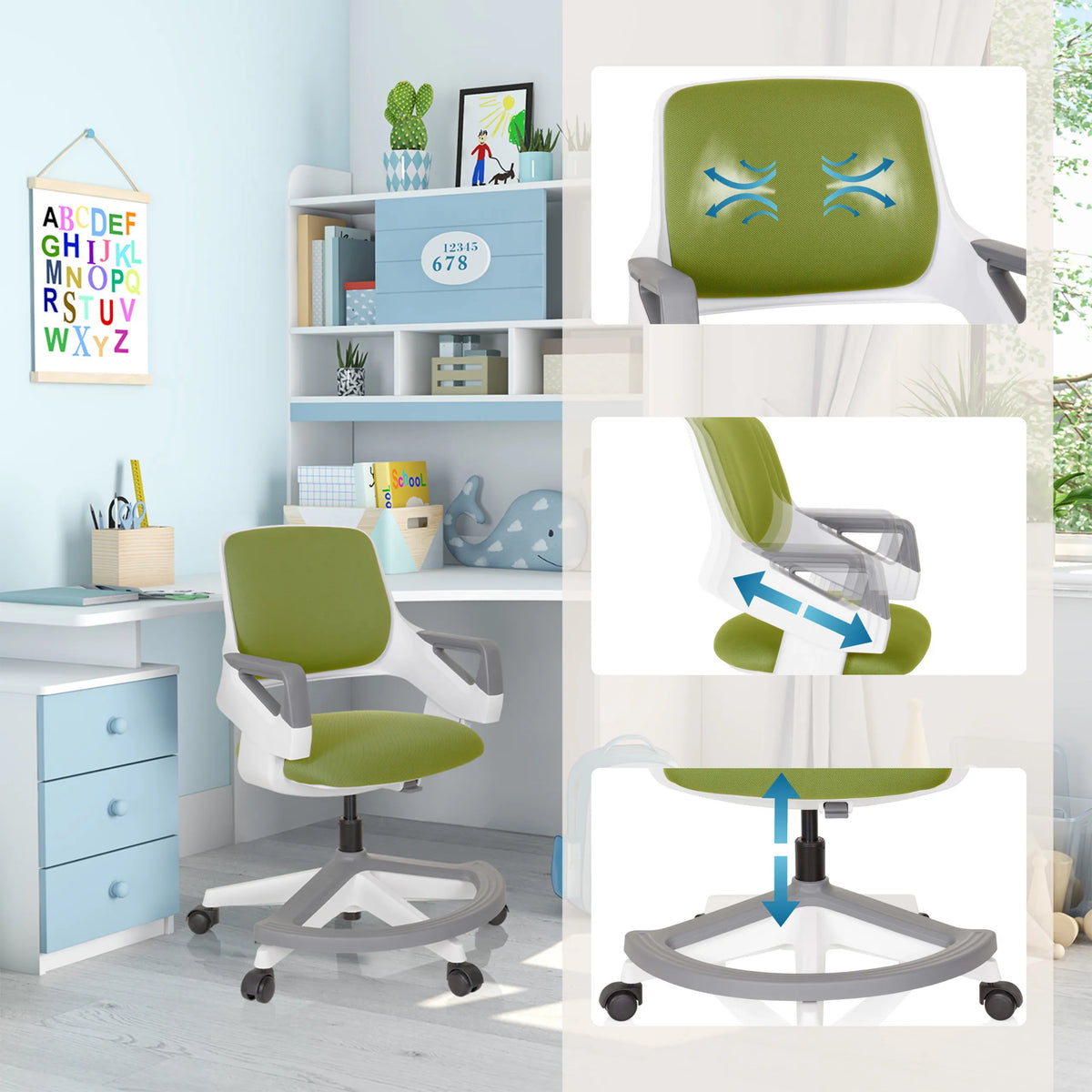 Kinderdrehstuhl KID FLEX in Olivgrün mit verstellbarer Sitzhöhe und Rückenlehne von hjh OFFICE
