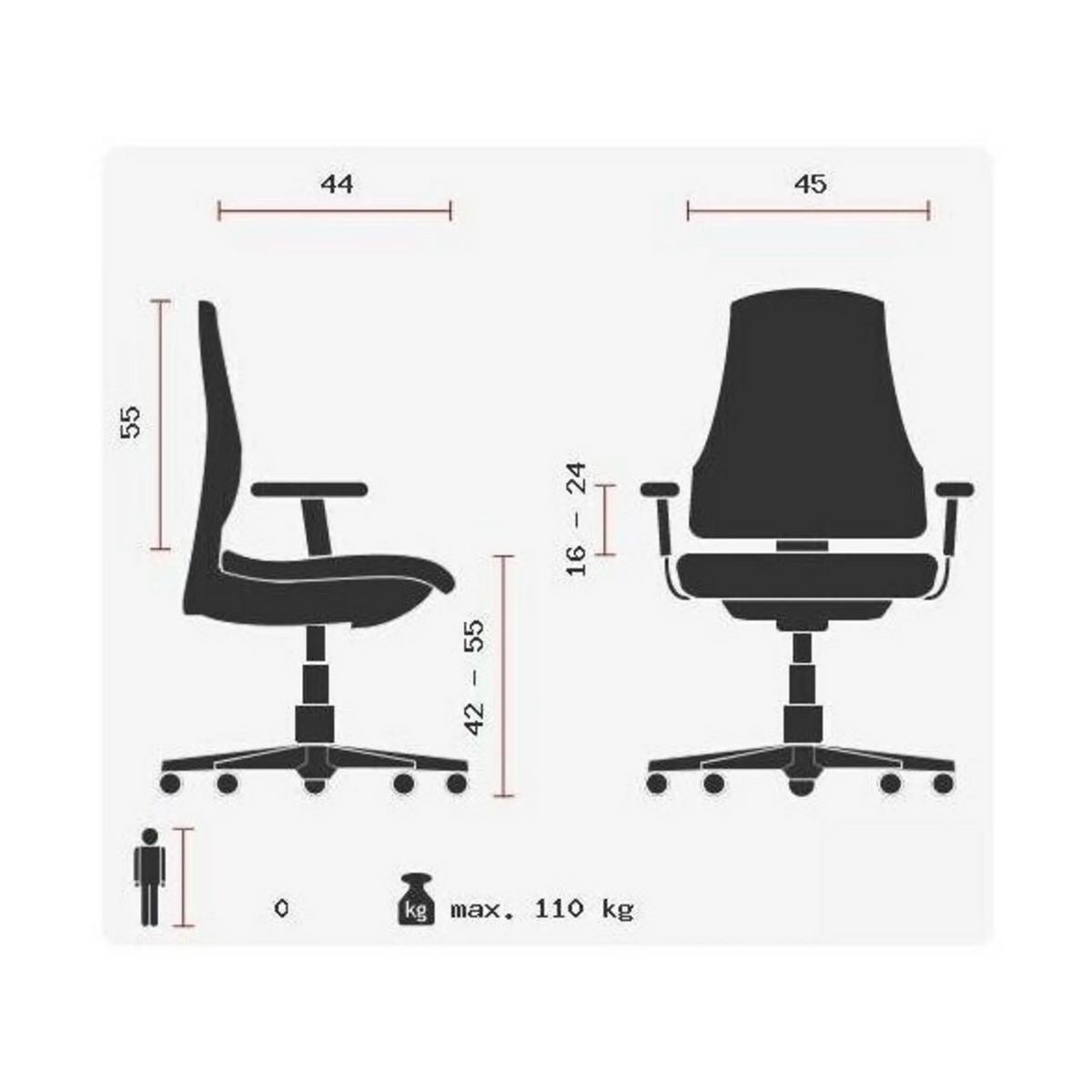 Technische Zeichnung des Profi-Bürostuhls SITNESS PRO AL.P4 mit einer maximalen Belastbarkeit von 110 kg von Topstar