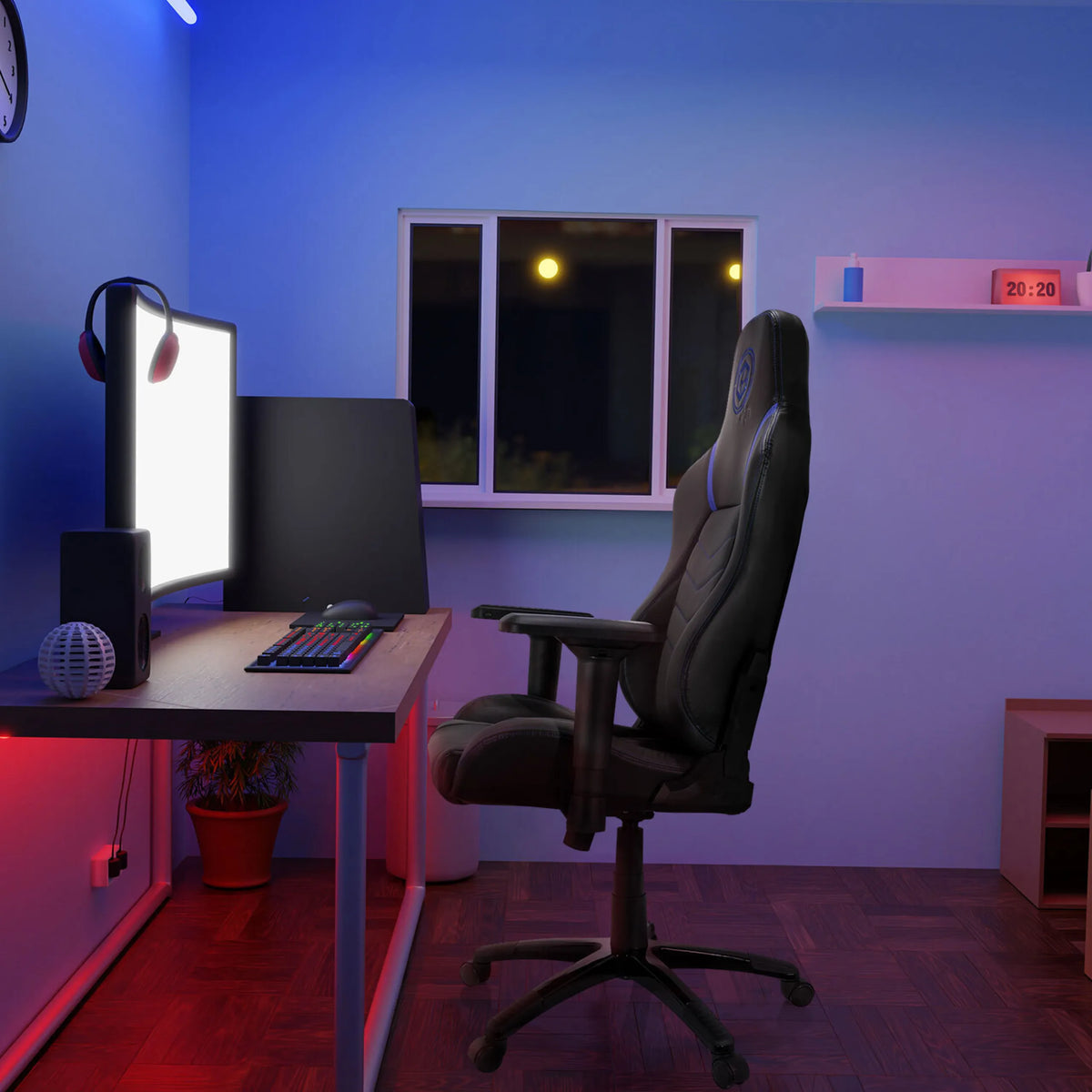 Gamingstuhl GAMEBREAKER POLARYS I in Grau und Blau an einem Schreibtisch mit Monitor und Tastatur von hjh OFFICE