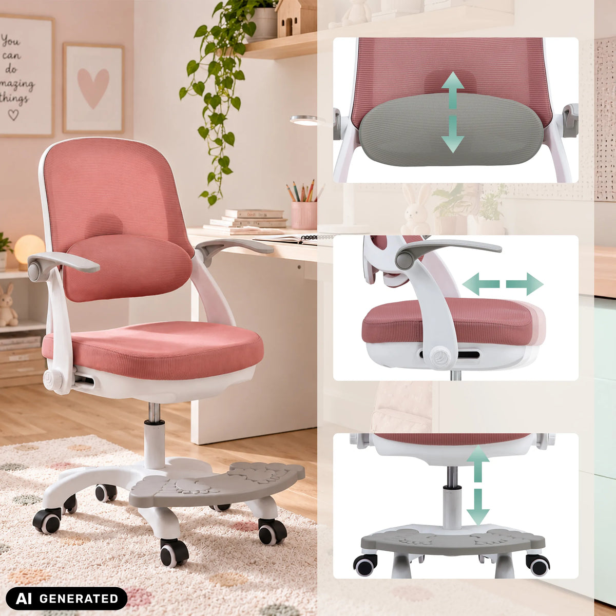 Verstellbare Rückenlehne, Armlehne und Sitzhöhe des Kinderdrehstuhls Kiddy Smart Step von hjh OFFICE (KI-generiertes Bild)