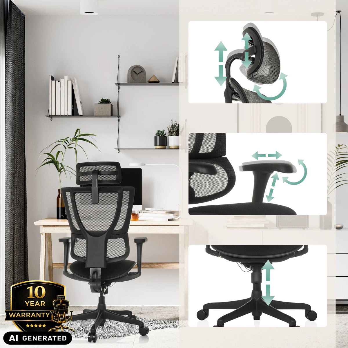 Luxus-Chefsessel ERGOHUMAN SLIM ECO F GEN2 mit verstellbarer Kopfstütze und Armlehnen von hjh OFFICE (KI-generiertes Bild)