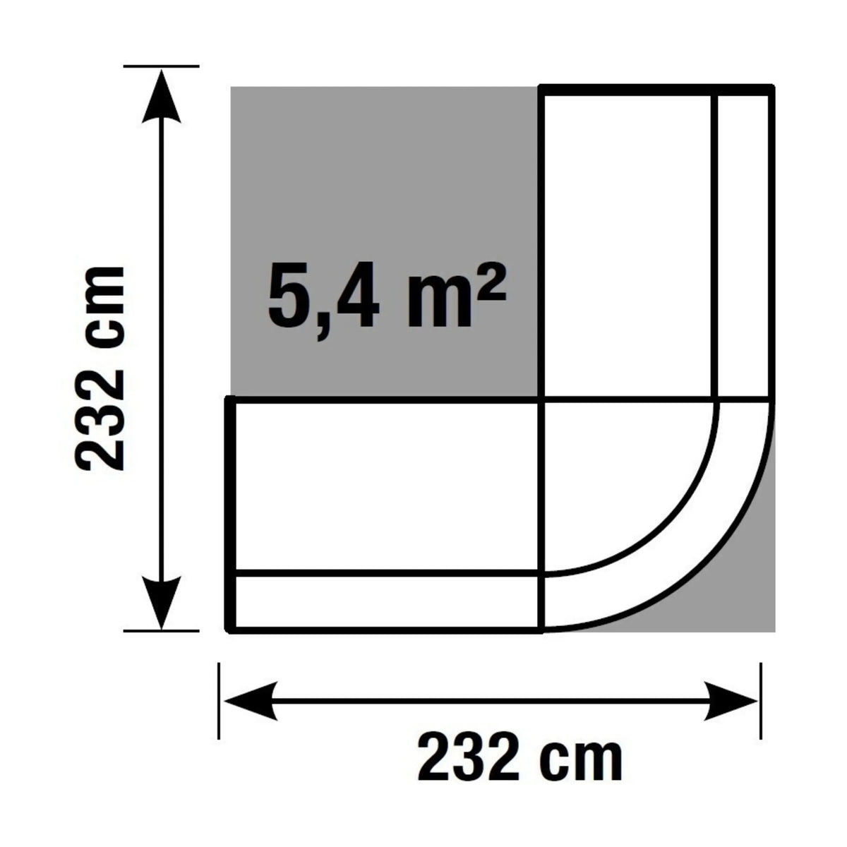 Technische Zeichnung der Empfangstheke BILBAO III mit 232 × 232 cm und 5,4 m² von Kerkmann