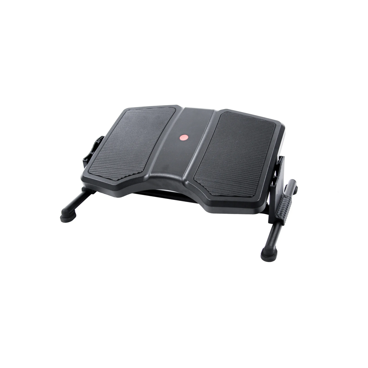 Schwarze Fußablage PODI II mit geriffelten Standflächen und Metallgestell von hjh OFFICE – 360-Grad-Ansicht (schräge Frontansicht 60°)