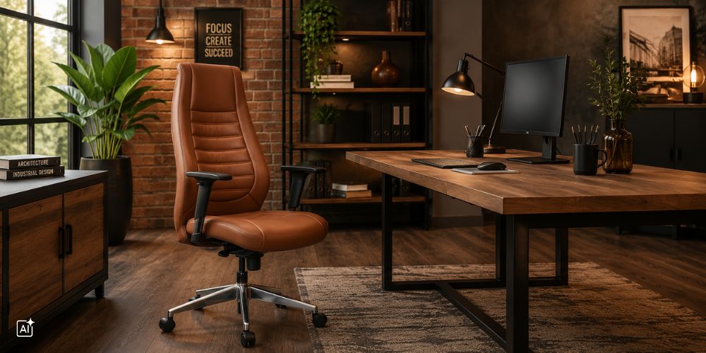 Brauner Lederbürostuhl in modernem Büro im Industrial-Stil