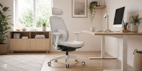 ein ergonomischer Bürostuhl steht in einem Homeoffice