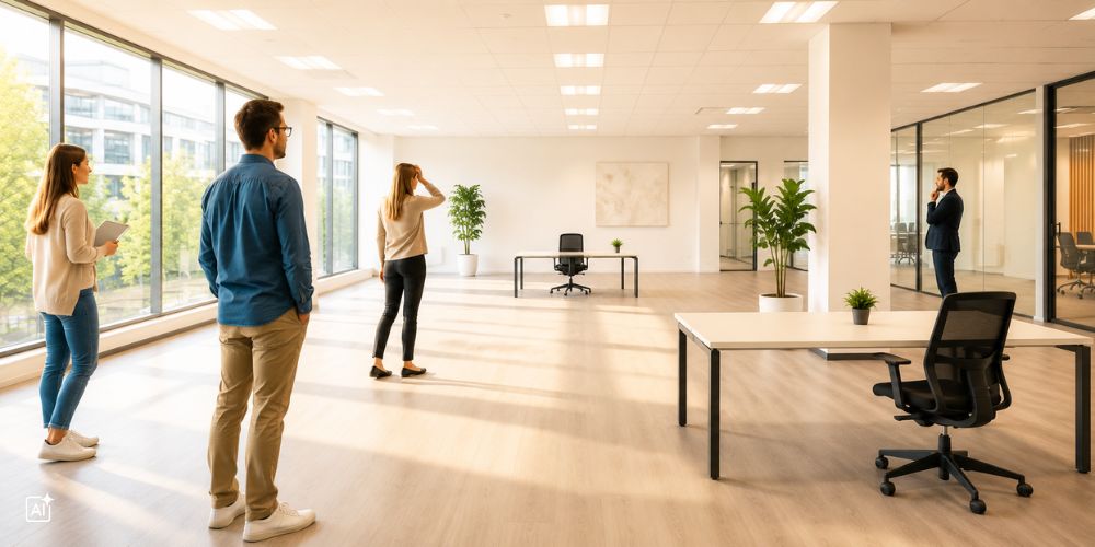 Ein leeres Großraumbüro, in dem viele Arbeitsplätze fehlen. Es sind 4 Personen aber nur zwei Arbeitsplätze zu sehen.
