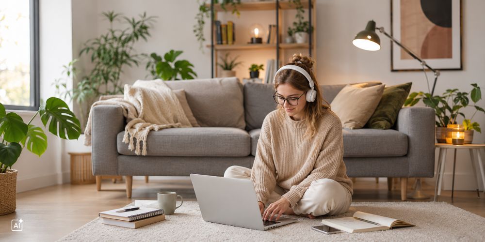 eine Frau arbeitet in ihrem Wohnzimmer auf dem Teppich am Laptop und trägt Kopfhörer