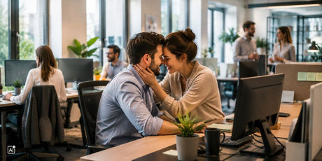 Ein Pärchen flirtet am Arbeitsplatz