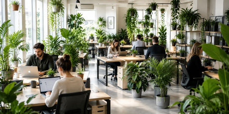 Menschen arbeiten in einem Großraumbüro voller Pflanzen