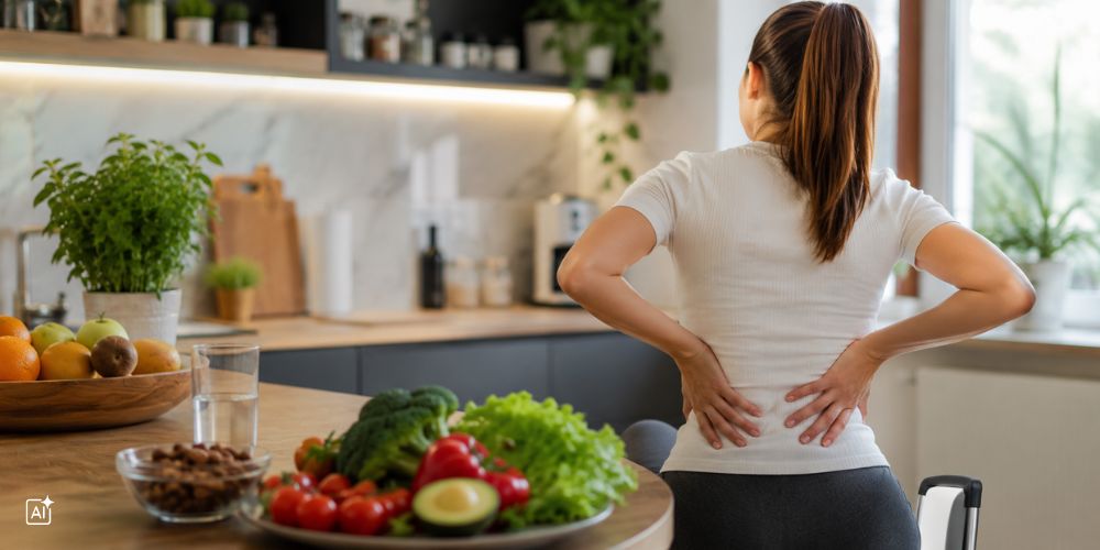 Obst, Gemüse, Nüsse und Wasser sind links im Vordergrund zu sehen, rechts steht eine Frau, die sich am Rücken hält.