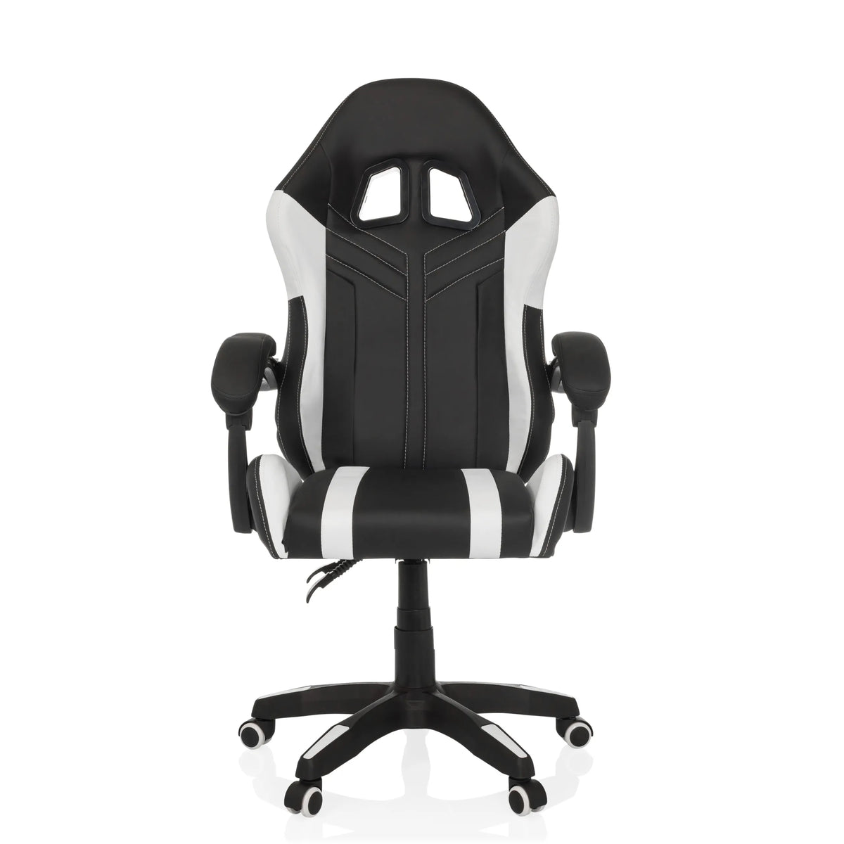 Schwarz-weißer Gamingstuhl GAMEBREAKER W02 mit Fußkreuz mit fünf Rollen von MyBuero – 360-Grad-Ansicht (Frontansicht 0°)