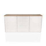 Weißes Sideboard KELO S mit einer Arbeitsplatte in Eicheoptik und drei Türen von hjh LIVING – 360-Grad-Ansicht (Frontansicht 0°)