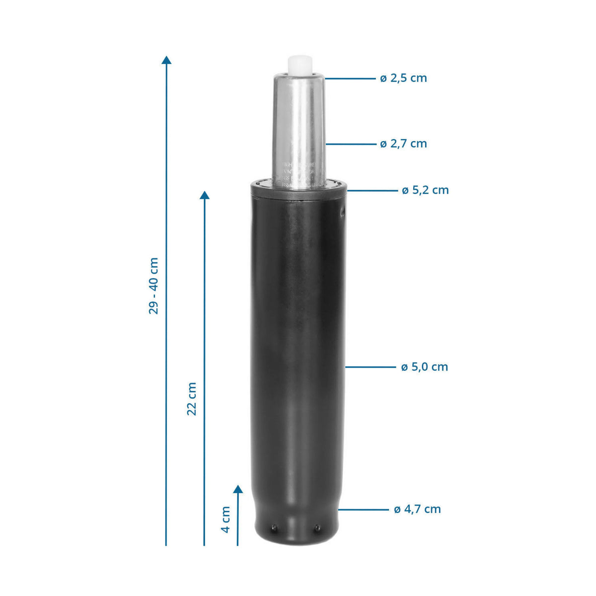 Technische Zeichnung der Gasfeder GF-L mit einer Gesamthöhe von 29 - 40 cm von hjh OFFICE