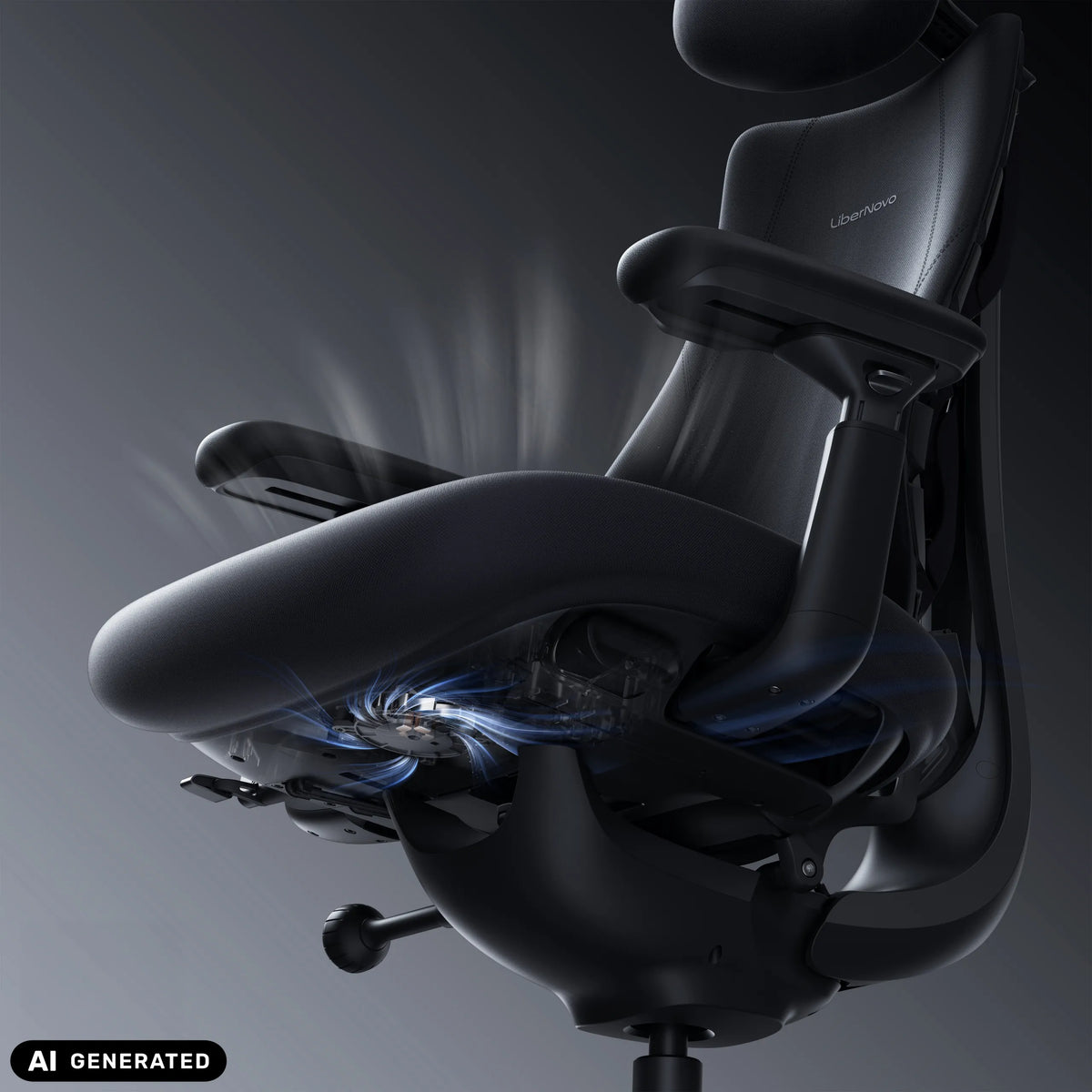 Sitzmechanismus des Bürostuhls LiberNovo Maxis Airflow in Graphit mit grafischer Luftstrom-Darstellung von Libernovo