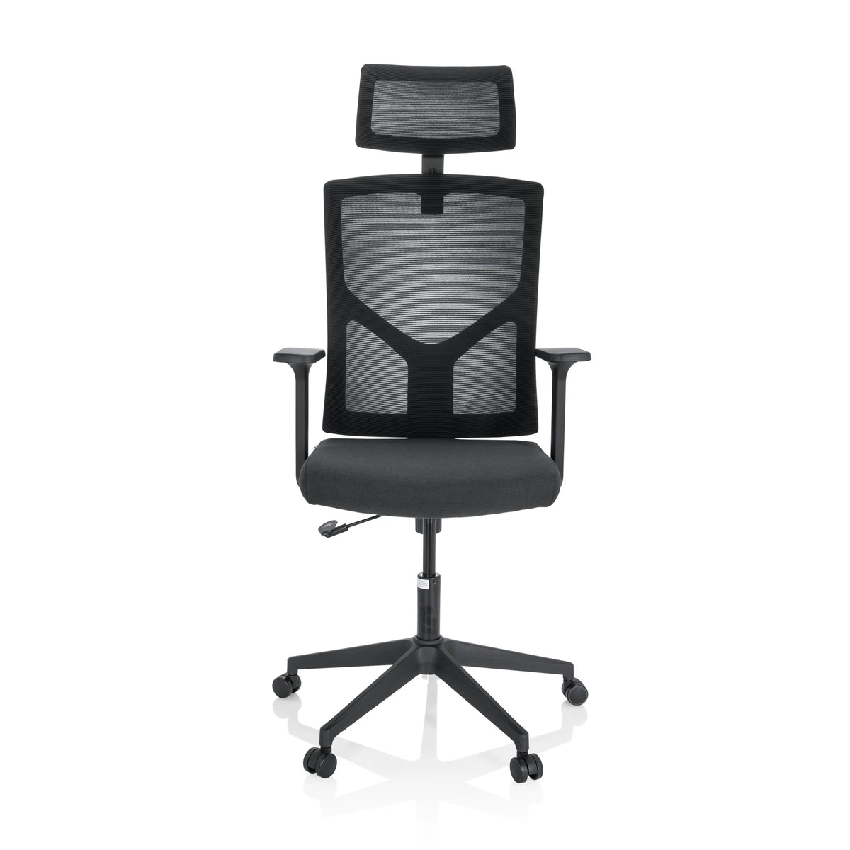 Schwarzer Homeoffice-Bürostuhl BRETON B mit Netzrücken, Kopfstütze und Fußkreuz mit fünf Rollen von hjh OFFICE – 360-Grad-Ansicht (Frontansicht 0°)
