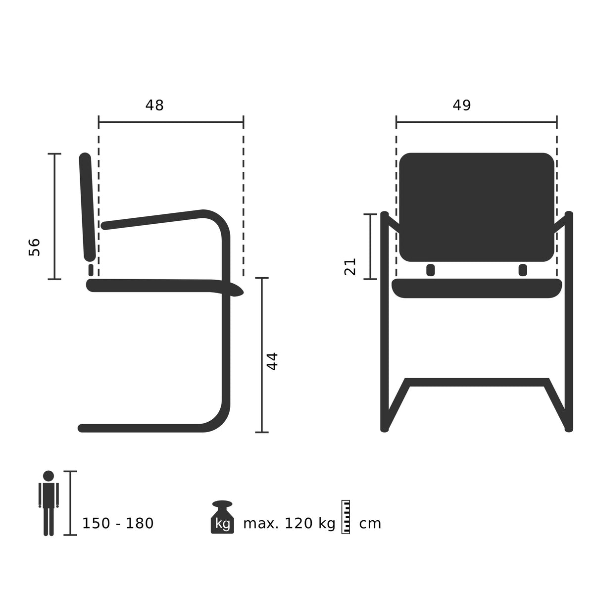 Technische Zeichnung des Freischwingers VISITER W mit einer Sitzhöhe von 44 cm von hjh OFFICE