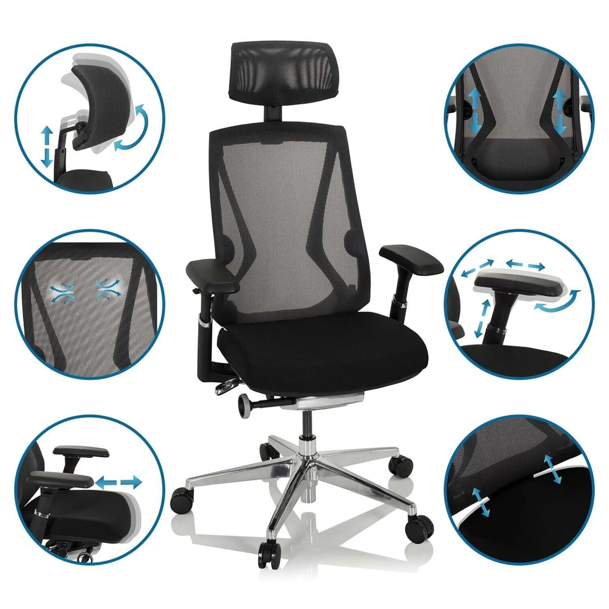 High-End-Bürostuhl INSPERO in Schwarz mit verstellbaren Armlehnen und Kopfstütze von hjh OFFICE
