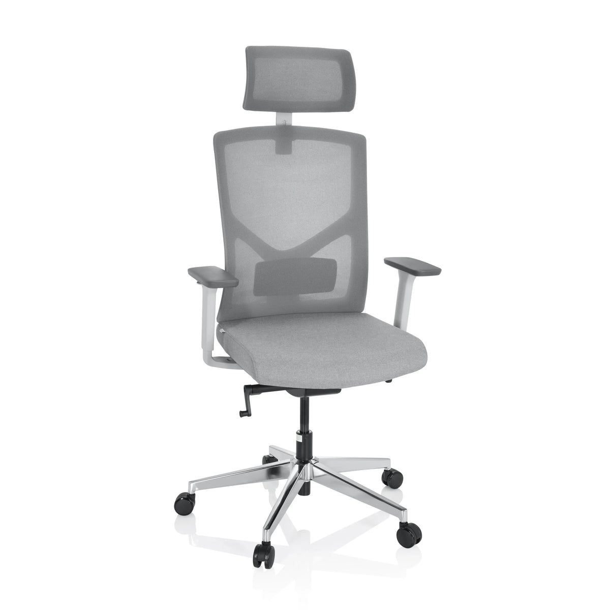 Grauer Profi-Bürostuhl BRETON PRO W mit Netzrücken, Kopfstütze und Fußkreuz mit fünf Rollen von hjh OFFICE – 360-Grad-Ansicht (Frontansicht 20°)