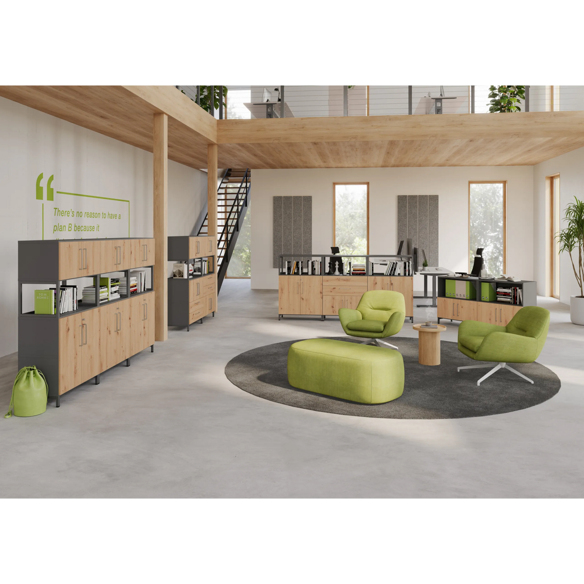 Moderner Bürolounge-Bereich mit zwei Sesseln und einem Hocker FlexWall in Graphit und Hellgrün von hjh OFFICE PRO