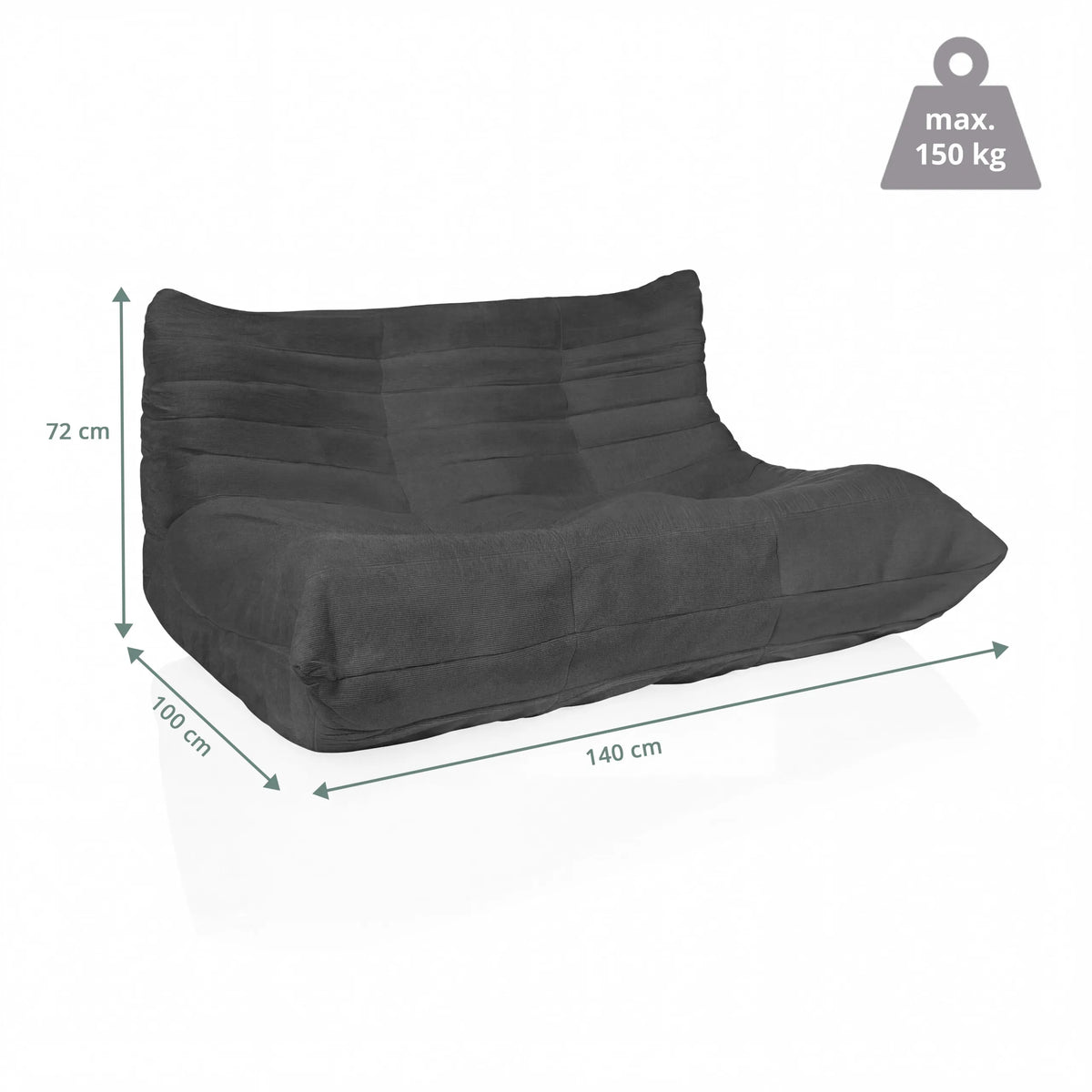 Maßzeichnung des Loungesessels Sitzolo 2 mit 140 × 100 cm und maximal 150 kg Traglast von hjh LIVING