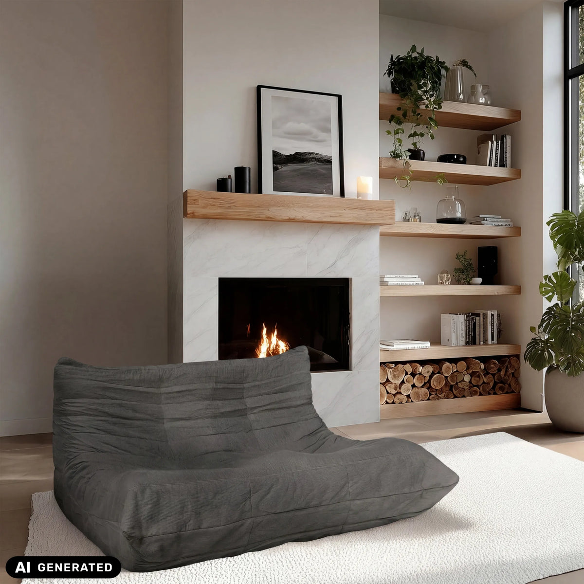Grauer Loungesessel Sitzolo 2 vor einem Kamin von hjh LIVING (KI-generiertes Bild)