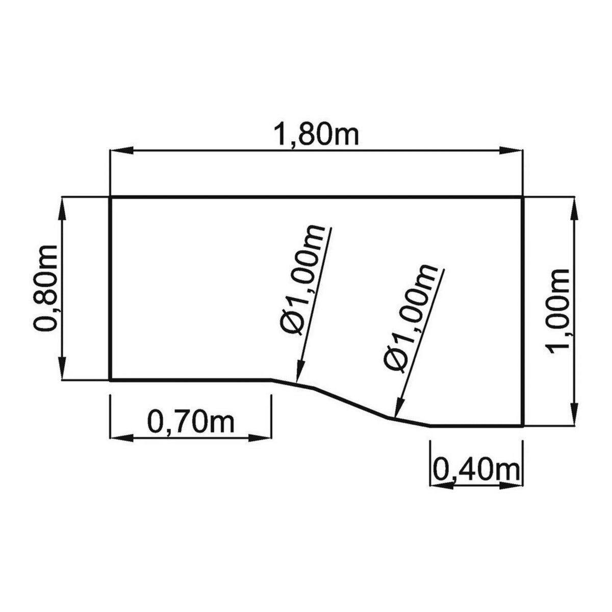 Technische Zeichnung des Schreibtischs MEGA 18 W mit 1,80 x 1,00 m von hjh OFFICE PRO
