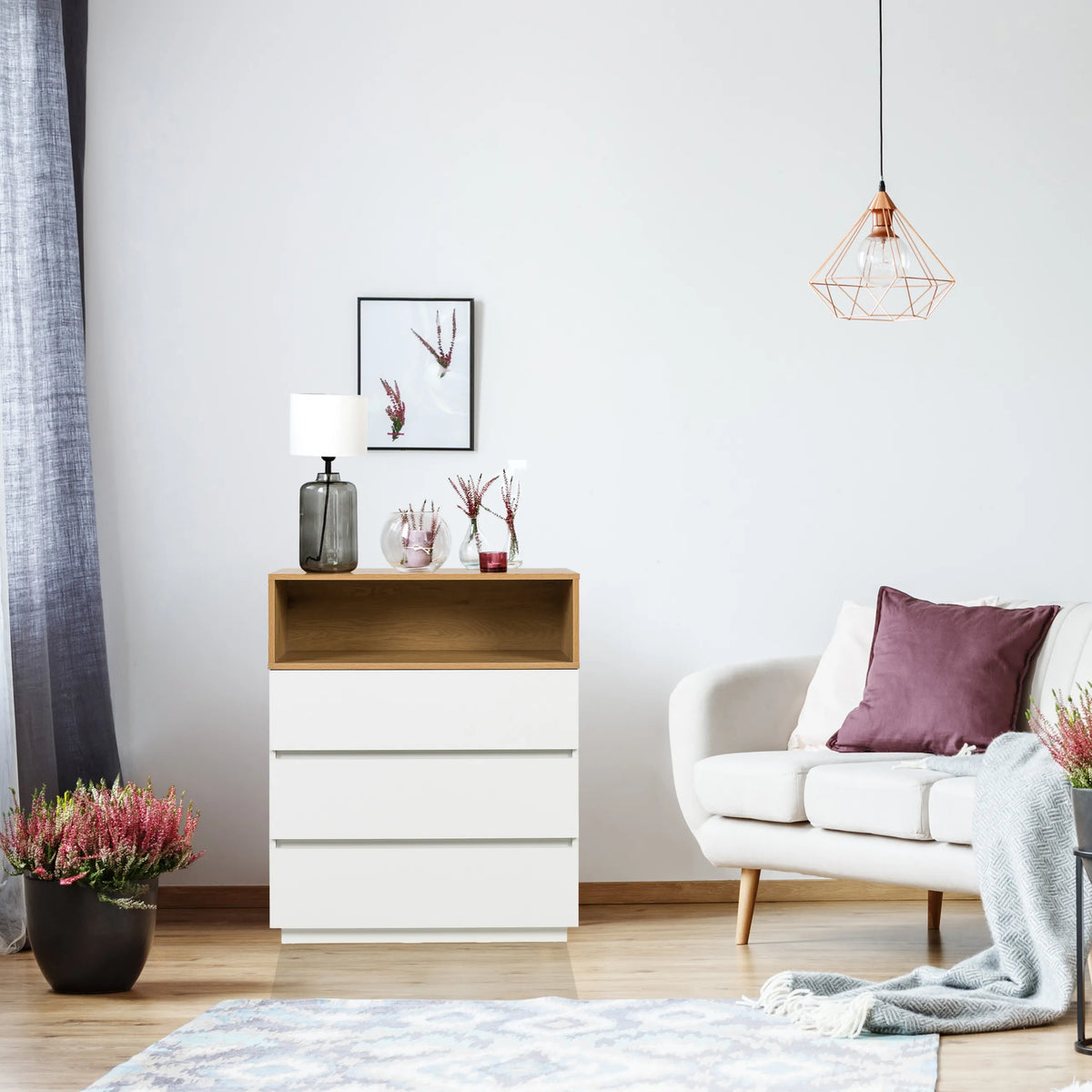 Kommode MELMO K in Weiß und Eiche mit drei Schubladen und einem offenen Fach von hjh LIVING