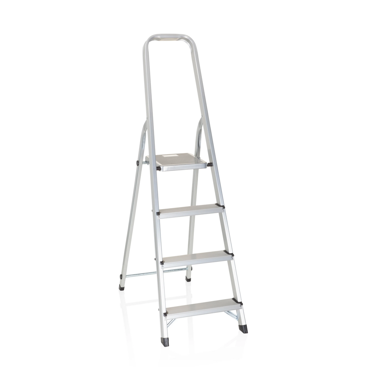 Silberne Klappleiter SOLID II aus Aluminium mit vier Stufen und Handgriff von hjh OFFICE – 360-Grad-Ansicht (Frontansicht 20°)