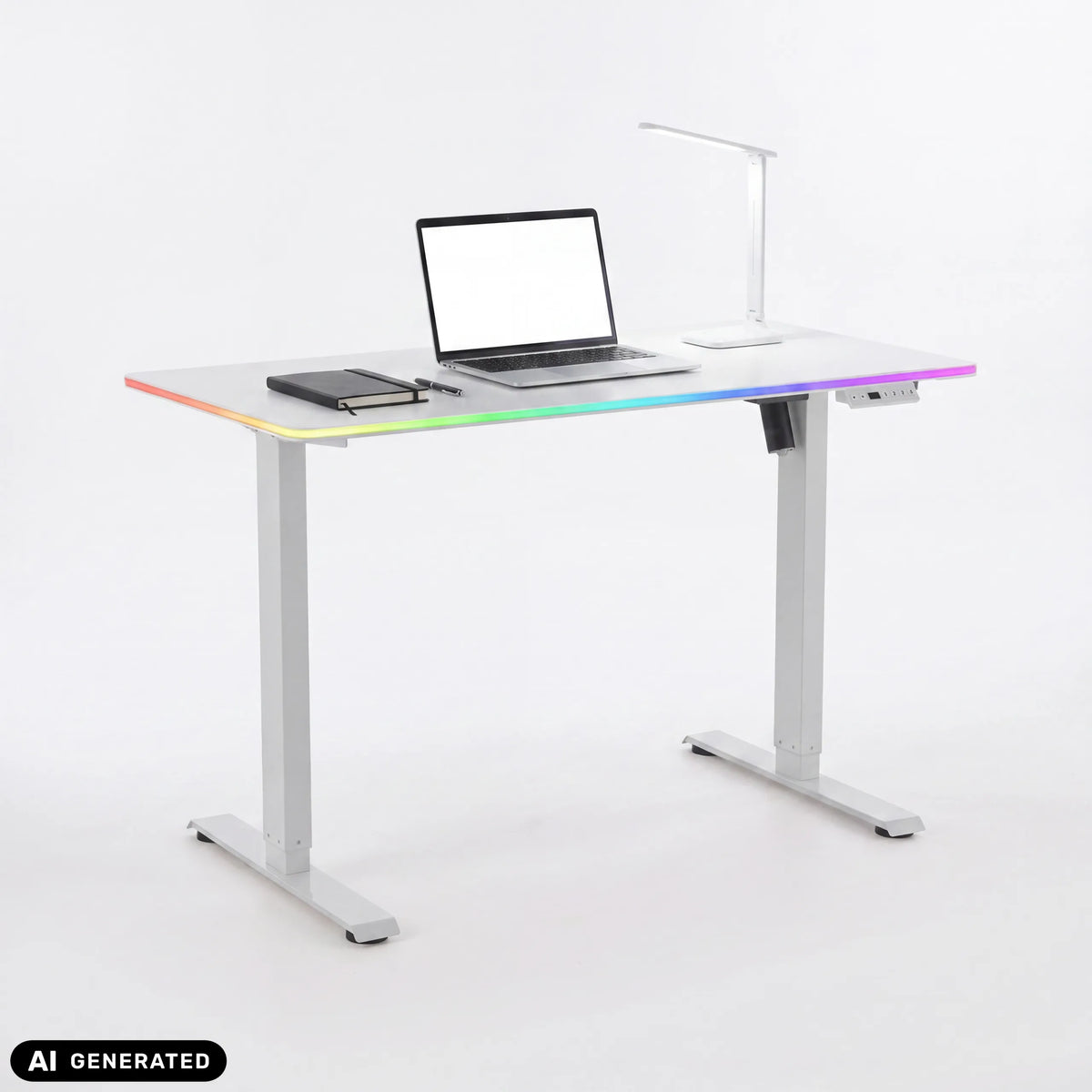 Elektrisch höhenverstellbarer Schreibtisch Worktime LED in Weiß mit RGB-Beleuchtung und Laptop von hjh OFFICE