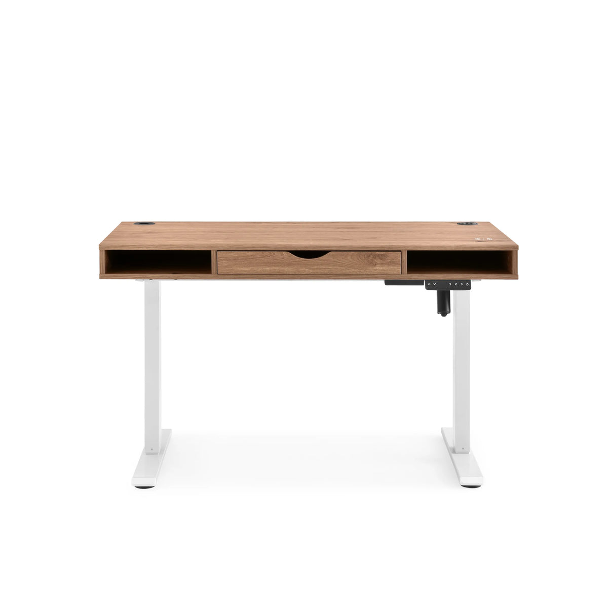 Elektrisch höhenverstellbarer Schreibtisch Worktime Style in Eiche und Weiß mit Schublade von hjh OFFICE – 360-Grad-Ansicht (Frontansicht 0°)