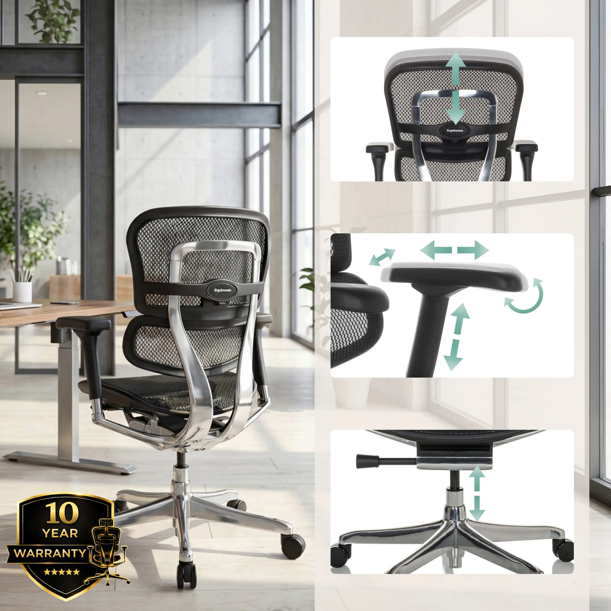 Verstellmöglichkeiten des Luxus-Chefsessels ERGOHUMAN BASE GEN2 von hjh OFFICE (KI-generiertes Bild)