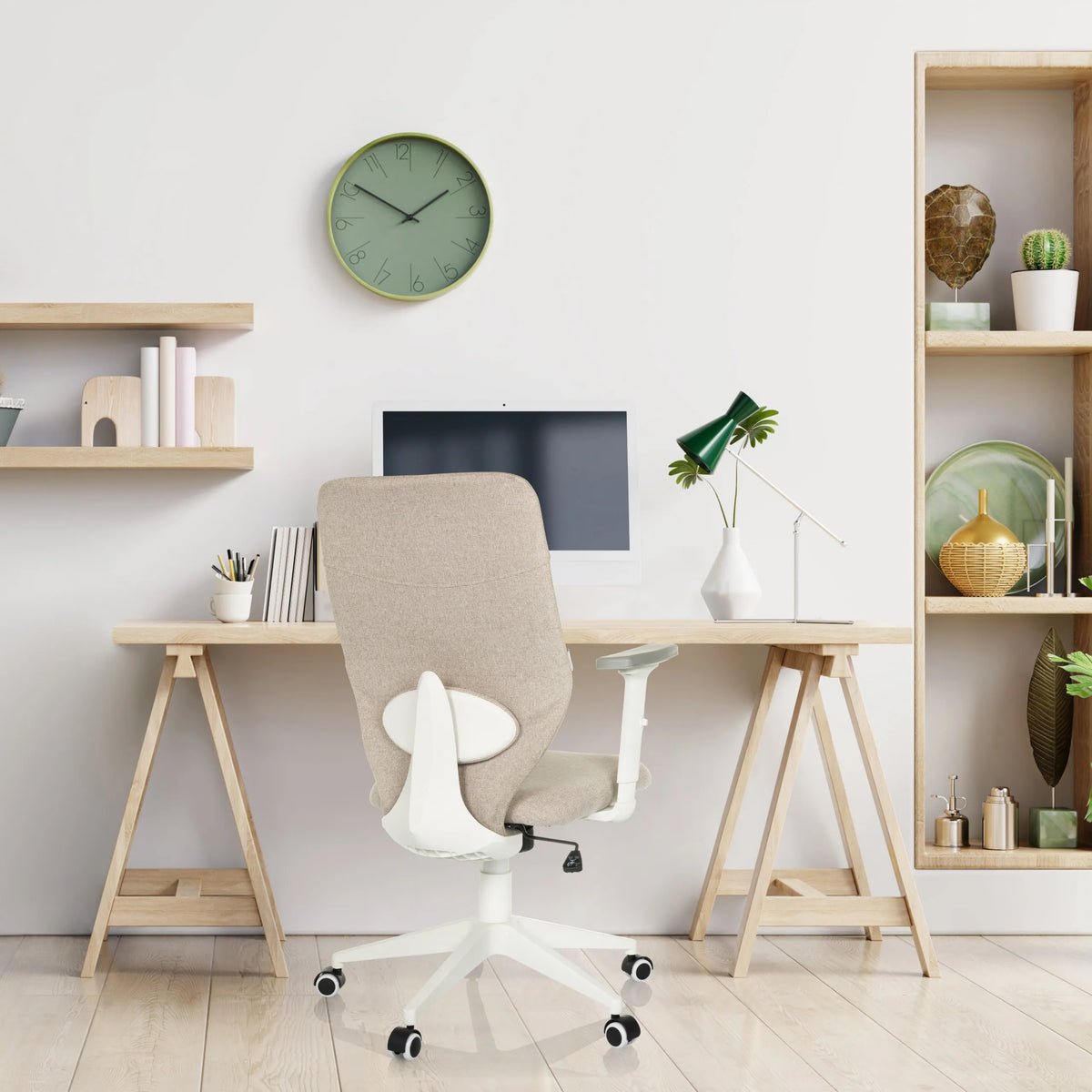 Beiger Home-Office-Bürostuhl COSIO II mit weißen Armlehnen und Rollenfußkreuz von hjh OFFICE