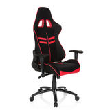 Schwarz-roter Gamingstuhl LEAGUE PRO I mit zwei Kopfstützen-Öffnungen und Fußkreuz mit fünf Rollen von hjh OFFICE – 360-Grad-Ansicht (schräge Frontansicht 40°)