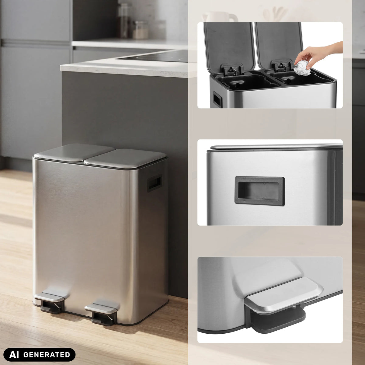 Mülleimer Clean 10 in Silber mit zwei Fächern, Fußpedalen und Beutelhalterung von hjh OFFICE (KI-generiertes Bild)